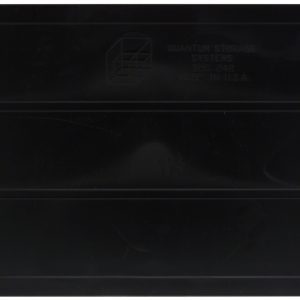 A Quantum Bin Divider for bin QUS242, available in a pack of 6, is made in the USA. It features angled corners and Quantum Storage Systems, DIV 242, Made in U.S.A. embossed on its black plastic surface, emphasizing quality craftsmanship.