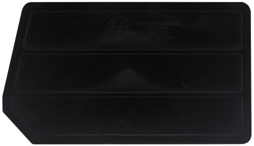 A Quantum Bin Divider for bin QUS242, available in a pack of 6, is made in the USA. It features angled corners and Quantum Storage Systems, DIV 242, Made in U.S.A. embossed on its black plastic surface, emphasizing quality craftsmanship.