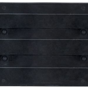 A sleek, black, rectangular plastic car license plate with horizontal ridges and a unique right-side border, resembling the Quantum Bin Divider made in the USA.