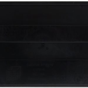 A black, rectangular Quantum Bin Divider, designed for bin QUS255, features a smooth surface with faint text and logo markings. Made in the USA, it has an arrow-shaped extension on one end and is an essential organizer in a storage system. Comes in a pack of six.