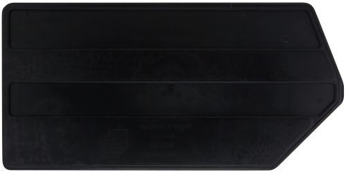 A black, rectangular Quantum Bin Divider, designed for bin QUS255, features a smooth surface with faint text and logo markings. Made in the USA, it has an arrow-shaped extension on one end and is an essential organizer in a storage system. Comes in a pack of six.