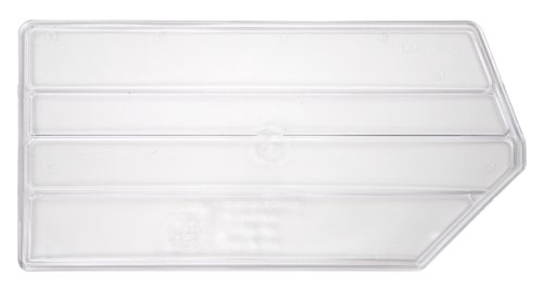 The Quantum Bin Divider, made in the USA, features a rectangular clear plastic design with ridged lines and a circular center indentation. The pointed right end and embossed text make it ideal for use in Bin Qus255. Comes in a Pack of 6.