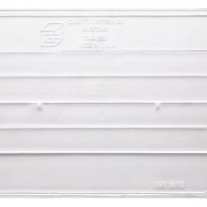 The clear Quantum Bin Divider lid, designed for Bin QUS260 (pack of 6), features raised ridges and a logo embossed near the top center. Made in the USA, it offers efficient storage solutions.