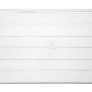 This clear, rectangular Quantum Bin Divider (pack of 6) is designed for bin QUS265, featuring a flat top with raised edges, horizontal ridges, and a central indentation. Made in the USA, it has a slightly slanted right edge for easy handling.