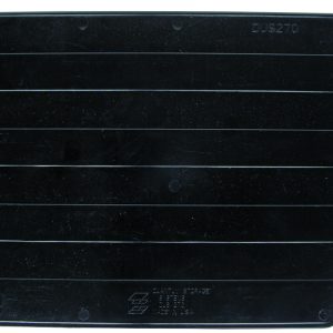 This Quantum Bin Divider for QUS270 (pack of 6), made in the USA, is a large, rectangular black plastic item with horizontal ridges and a small right-side protrusion, featuring embossed text and symbols.