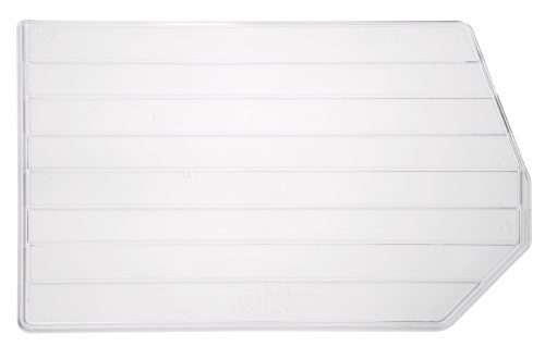 DUS270CL.jpg The Quantum Bin Divider is a clear, transparent, rectangular cover with parallel ridges and a slanted corner, designed to fit bin Qus270. Made in the USA, it comes in a pack of 6 and stands out against a white background.