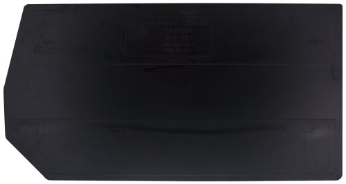 The Quantum Bin Divider, compatible with Qus955, comes in black as a pack of 1. It has a rectangular shape with a slightly angled edge and features embossed text at the center for subtle detailing, though it remains partially legible. Made in the USA.