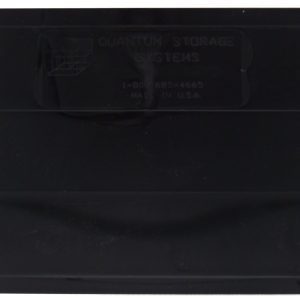 The Quantum Bin Divider, designed for Qus970, is a black, rectangular plastic object with a tapered left end. It features faint text and a logo in the center that blends with the dark color. Proudly made in the USA and sold in packs of 6.