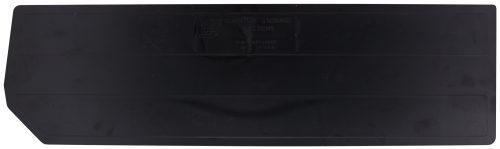 The Quantum Bin Divider, designed for Qus970, is a black, rectangular plastic object with a tapered left end. It features faint text and a logo in the center that blends with the dark color. Proudly made in the USA and sold in packs of 6.