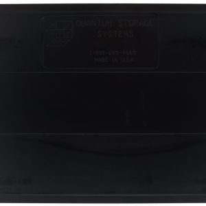 Black plastic Quantum Bin Divider lid with Quantum Storage Systems and contact info in faint gray text at the top center. Made in USA, it features two slightly raised horizontal lines and a handle at the bottom. Designed for use with Qus973, sold in a pack of 4.
