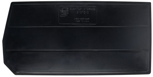 DUS974.jpg The Quantum Bin Divider is black, designed for QUS974, and made in the USA. It features a rectangular shape with angled edges on one side and an embossed logo displaying Quantum Storage Systems and a phone number.