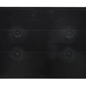 A black, rectangular Quantum Bin Divider for QUS993 with a beveled corner, featuring circular indentations on a smooth matte surface and subtle embossed text near the top; made in the USA.