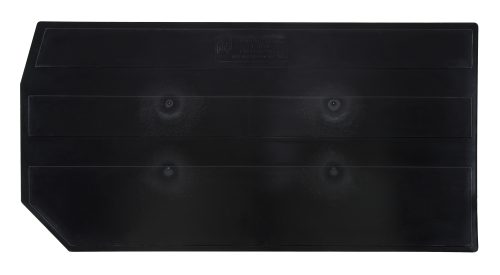 A black, rectangular Quantum Bin Divider for QUS993 with a beveled corner, featuring circular indentations on a smooth matte surface and subtle embossed text near the top; made in the USA.