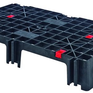 The Quantum Ez Lock Dunnage Platform Rack and Pallet is a black high-density polyethylene platform with a ventilated grid pattern, red connectors, and a raised design featuring four legs. It supports up to 2500 lb., making it ideal for stacking in industrial or storage settings with a secure locking system.