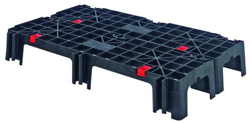 The Quantum Ez Lock Dunnage Platform Rack and Pallet is a black high-density polyethylene platform with a ventilated grid pattern, red connectors, and a raised design featuring four legs. It supports up to 2500 lb., making it ideal for stacking in industrial or storage settings with a secure locking system.