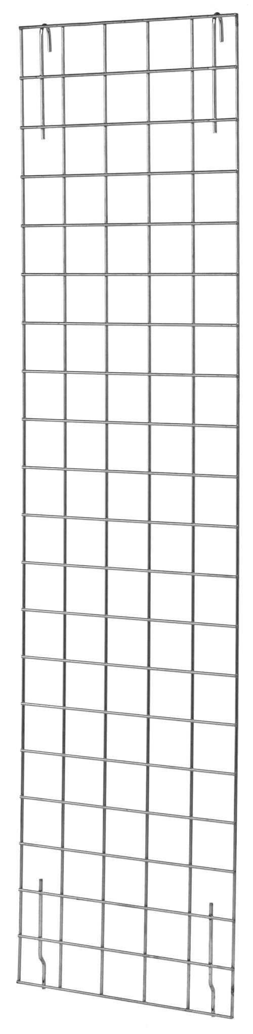The Quantum Enclosure Panel is a sleek, rectangular metal wire grid with a chrome-plated finish, featuring vertical and horizontal lines forming squares. It measures 12W x 62H and includes two hooks for hanging plus two bottom supports for stability.