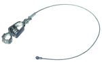 The Quantum Grounding Drag Cable is a metal automotive cable with a spring mechanism at one end and a small metal ball at the other, elegantly curved to integrate into mechanical or automotive systems.