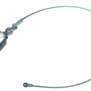 The Quantum Grounding Drag Cable is a metal automotive cable with a spring mechanism at one end and a small metal ball at the other, elegantly curved to integrate into mechanical or automotive systems.
