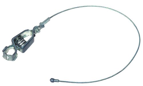 The Quantum Grounding Drag Cable is a metal automotive cable with a spring mechanism at one end and a small metal ball at the other, elegantly curved to integrate into mechanical or automotive systems.
