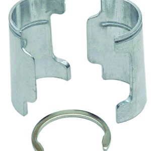 The Quantum Split Sleeve features two semi-circular aluminum lock cylinders facing each other, complemented by a separate round metal retaining clip. The durable aluminum cylinders have fitting notches and are part of an intricate locking mechanism. Each pack contains 4 pairs.