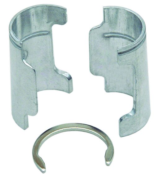 The Quantum Split Sleeve features two semi-circular aluminum lock cylinders facing each other, complemented by a separate round metal retaining clip. The durable aluminum cylinders have fitting notches and are part of an intricate locking mechanism. Each pack contains 4 pairs.