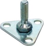 The Quantum Foot Plate, Triangular, Chrome features a chrome leveling foot with a hexagonal threaded bolt attached to a triangular base plate. It has three mounting holes at the corners and a shiny, smooth surface for functionality and style.