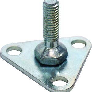 The Quantum Foot Plate, Triangular, Chrome features a chrome leveling foot with a hexagonal threaded bolt attached to a triangular base plate. It has three mounting holes at the corners and a shiny, smooth surface for functionality and style.