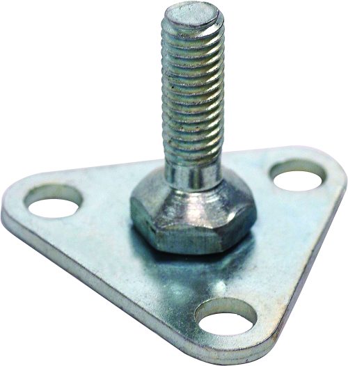 FP.jpg The Quantum Foot Plate, Triangular, Chrome features a chrome leveling foot with a hexagonal threaded bolt attached to a triangular base plate. It has three mounting holes at the corners and a shiny, smooth surface for functionality and style.