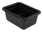 The Quantum Bussing Tub, a black polypropylene bin measuring 12-1/16W x 9-1/16D x 5-1/8H, is made in the USA and features smooth edges and a shiny surface, contrasting against a white background.