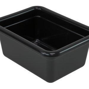 The Quantum Bussing Tub, a black polypropylene bin measuring 12-1/16W x 9-1/16D x 5-1/8H, is made in the USA and features smooth edges and a shiny surface, contrasting against a white background.