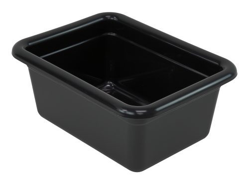 FSB-1295BK.jpg The Quantum Bussing Tub, a black polypropylene bin measuring 12-1/16W x 9-1/16D x 5-1/8H, is made in the USA and features smooth edges and a shiny surface, contrasting against a white background.