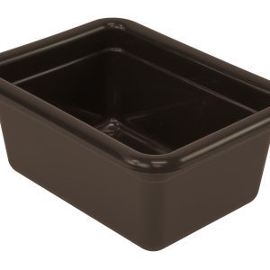 The Quantum Bussing Tub, 12-1/16W x 9-1/16D x 5-1/8H, polypropylene, brown, NSF certified and made in the USA, features rounded edges and a wide rim. It sits empty against a plain white background.