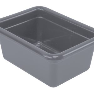 The Quantum Bussing Tub, measuring 12-1/16W x 9-1/16D x 5-1/8H and made of durable polypropylene in gray, features slightly rounded corners and a smooth finish. Its spacious interior is ideal for organizing or storing items efficiently. Made in the USA; NSF certified.