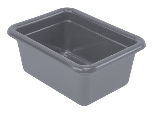 The Quantum Bussing Tub, measuring 12-1/16W x 9-1/16D x 5-1/8H and made of durable polypropylene in gray, features slightly rounded corners and a smooth finish. Its spacious interior is ideal for organizing or storing items efficiently. Made in the USA; NSF certified.