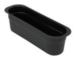 The NSF-certified Quantum Bussing Tub Cutlery Box in black polypropylene features rounded edges, a wide rim, and measures 14-3/16W x 4-7/16D x 4-1/8H. Made in the USA, it resembles a classic container ready for use against a white background.