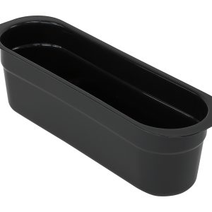 The NSF-certified Quantum Bussing Tub Cutlery Box in black polypropylene features rounded edges, a wide rim, and measures 14-3/16W x 4-7/16D x 4-1/8H. Made in the USA, it resembles a classic container ready for use against a white background.