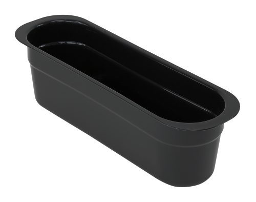 FSB-1544BK.jpg The NSF-certified Quantum Bussing Tub Cutlery Box in black polypropylene features rounded edges, a wide rim, and measures 14-3/16W x 4-7/16D x 4-1/8H. Made in the USA, it resembles a classic container ready for use against a white background.