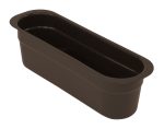 This brown rectangular Quantum Bussing Tub Cutlery Box, crafted from durable polypropylene and measuring 14-3/16W x 4-7/16D x 4-1/8H, is ideal for holding cutlery. Made in the USA and NSF-certified, it stands empty against a white background.