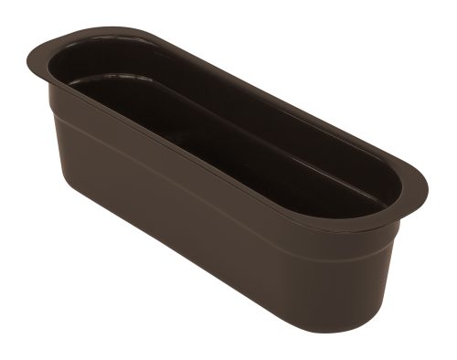 FSB-1544BN.jpg This brown rectangular Quantum Bussing Tub Cutlery Box, crafted from durable polypropylene and measuring 14-3/16W x 4-7/16D x 4-1/8H, is ideal for holding cutlery. Made in the USA and NSF-certified, it stands empty against a white background.