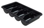 A black polypropylene Quantum Bussing Tub with four compartments is shown, positioned at an angle to highlight its glossy finish and curved edges.