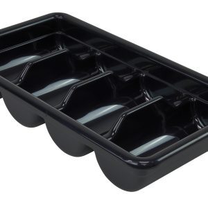 A black polypropylene Quantum Bussing Tub with four compartments is shown, positioned at an angle to highlight its glossy finish and curved edges.