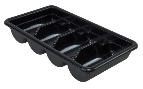 A black polypropylene Quantum Bussing Tub with four compartments is shown, positioned at an angle to highlight its glossy finish and curved edges.