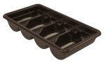 The brown Quantum Bussing Tub, made in the USA from durable polypropylene, features four compartments with dimensions of 20-7/16W x 11-3/8D x 3-3/4H. Its sleek design and craftsmanship are highlighted against a plain white background.