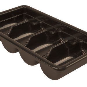 The brown Quantum Bussing Tub, made in the USA from durable polypropylene, features four compartments with dimensions of 20-7/16W x 11-3/8D x 3-3/4H. Its sleek design and craftsmanship are highlighted against a plain white background.