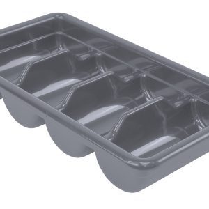 The Quantum Bussing Tub in gray polypropylene, measuring 20-7/16W x 11-3/8D x 3-3/4H, features four compartments and is made in the USA.