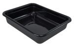 The Quantum Bussing Tub, 20W x 15D x 5H, is a black polypropylene rectangular tray with a flat bottom and slightly rounded edges, ideal for bussing. Its reflective finish and durable design ensure quality, being made in the USA and NSF certified.