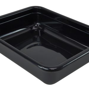 The Quantum Bussing Tub, 20W x 15D x 5H, is a black polypropylene rectangular tray with a flat bottom and slightly rounded edges, ideal for bussing. Its reflective finish and durable design ensure quality, being made in the USA and NSF certified.
