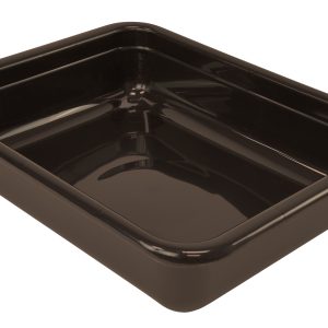 The Quantum Bussing Tub, a brown, USA-made rectangular polypropylene tray with slightly raised edges and a shiny flat bottom, is ideal for holding or serving items.