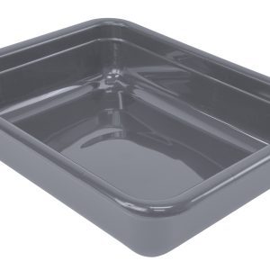 The Quantum Bussing Tub, a 20W x 15D x 5H dark gray polypropylene tray with slightly rounded corners and a glossy finish, resembles an empty baking tray shown at an angle.
