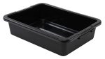 The Quantum Bussing Tub is a black polypropylene bin, 20W x 15D x 5H, featuring a ribbed bottom. It is empty on a plain white background and labeled Made in USA.